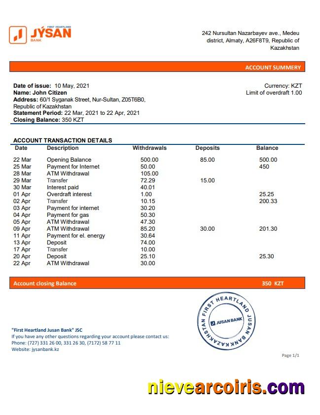 Kazakhstan First Heartland Jusan Bank statement